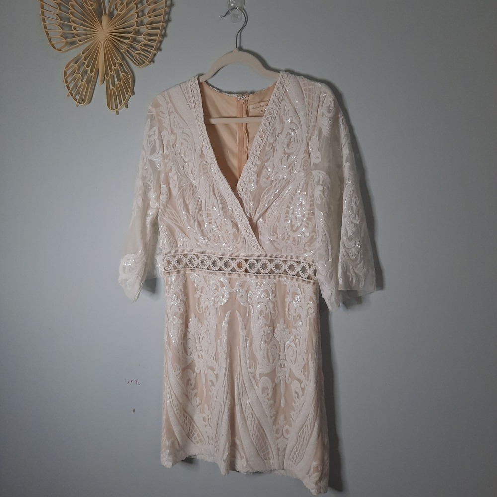 Southern Fried Chics White Sequin Lace Mini Dress Nude Lining XL Bridal, Bride